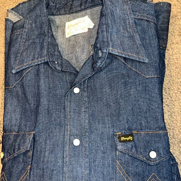 VINTAGE 60s WRANGLER PRE-SHRUNK PEARL SNAP EX LONG TAILS DENIM SHIRT 16.5" X 35" - Picture 11 of 15